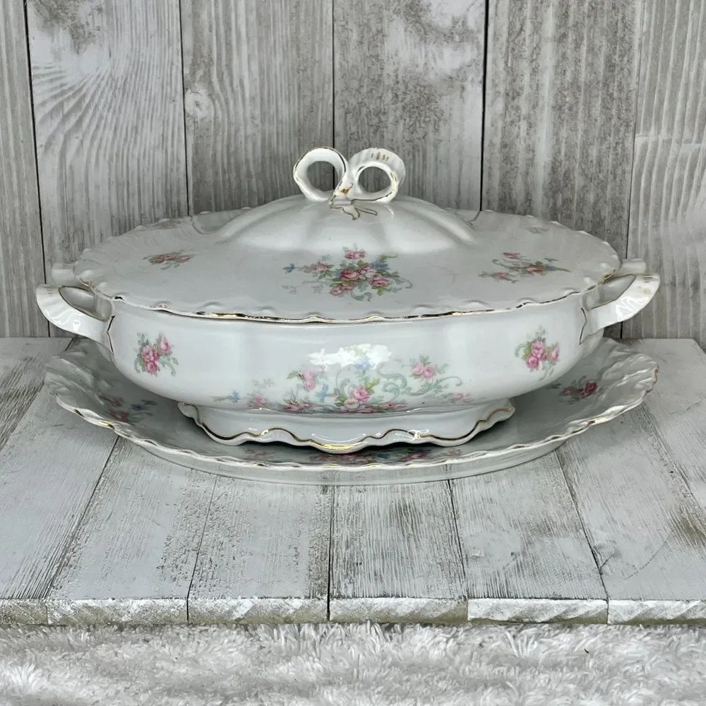 Antique Schönwald R.S.A.G. Bavaria Porcelain Covered Serving Dish, Platter, & Gr